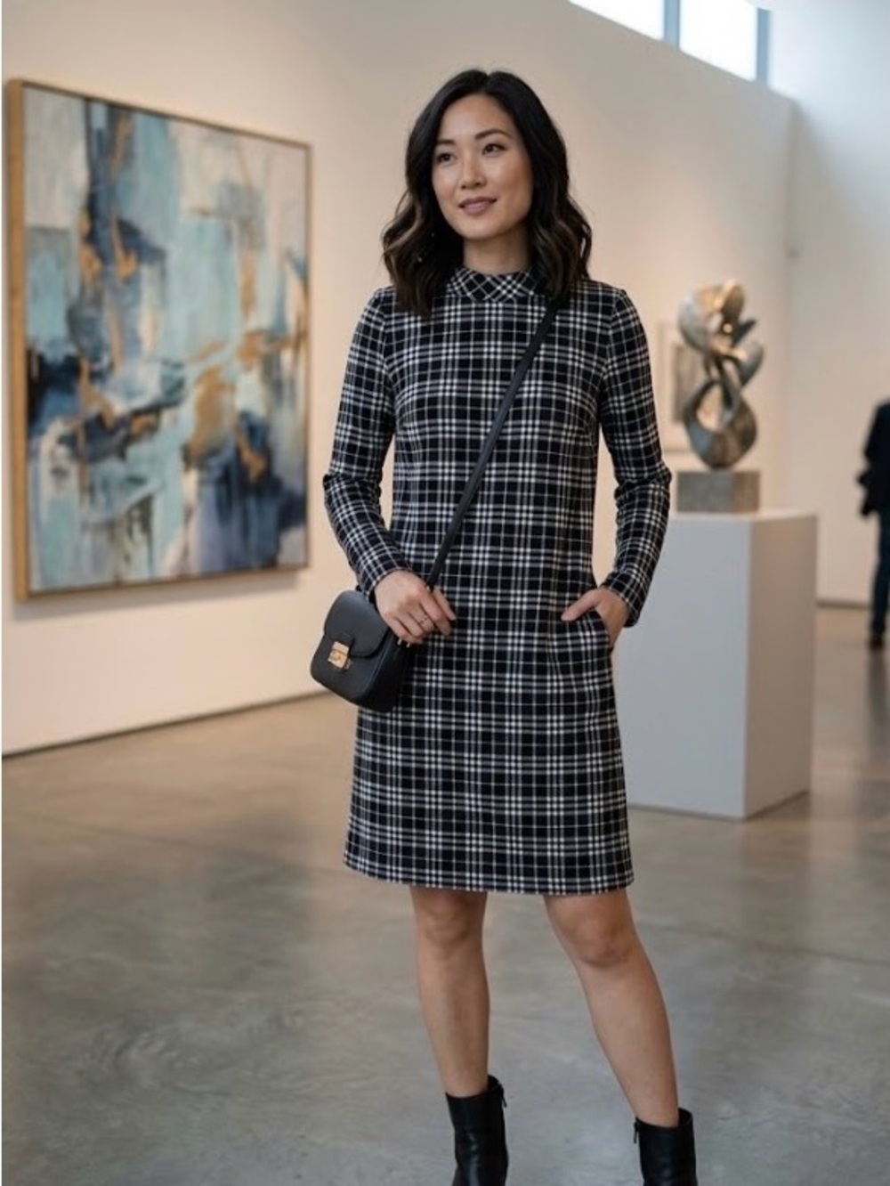 Talbots Black and White Plaid Long-Sleeve Shift Dress